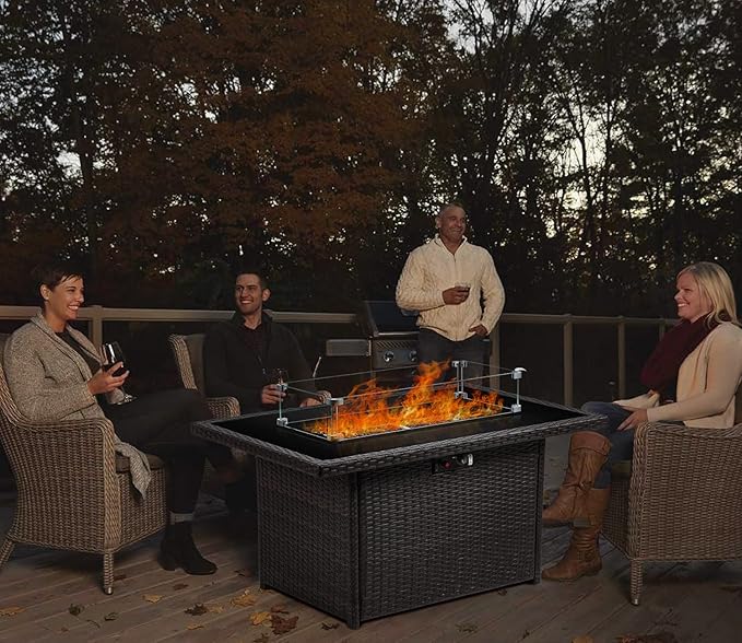 Propane Fire Pit Table,44 Inch 55000 BTU Outdoor Gas Fire Pit Rectangular with Glass Wind Guard for Outside Patio Deck (Brown-Glass Top)