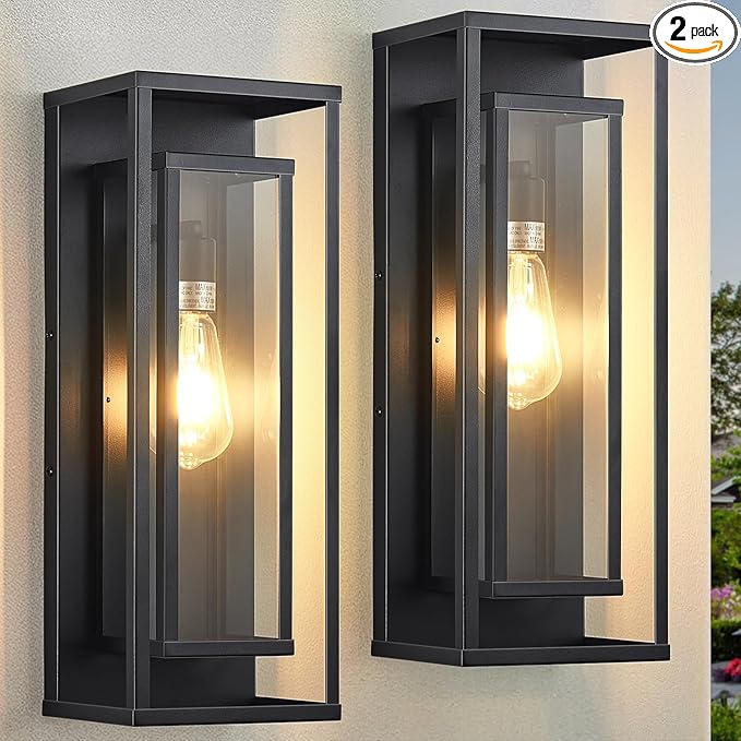 AIBISDO 18In Large Outdoor Wall Light -2 Pack, Black Exterior Lighting Fixture, Outdoor Wall Lantern with Clear Glass Shade, Waterproof Porch Light for Patio, Garage, Front Door（Black）