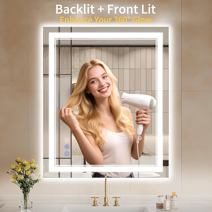 30"x36" LED Bathroom Mirror with Lights, Anti-Fog, Backlit + Front Lit, Dimmable, Led Vanity Mirror for Wall, Lighted Bathroom Mirror, 3 Colors, Shatter-Proof Tempered Glass