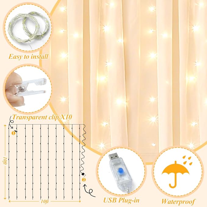Ledido 10×8ft Champagne Tulle Backdrop Curtain with Lights String - 300LED Fairy Light Sheer Curtain Backdrop for Wedding Baby Shower Photo Shoot Birthday Party Decor(2 Panels 5×8ft)，Champagne