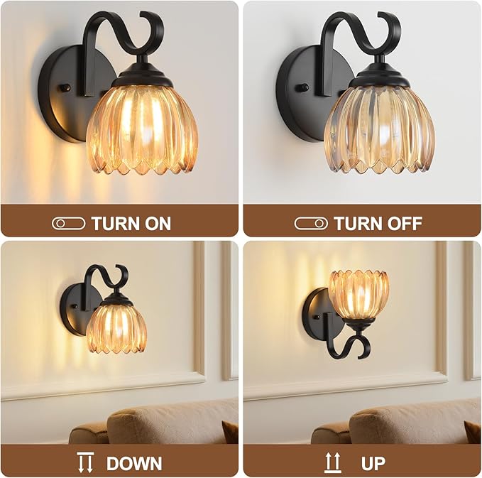 lobolighting Vintage Wall Sconce with Amber Tulip Glass Lampshade Black Sconce Bathroom Vanity Light Fixtures Hardwired Modern Wall Lighting Fixture for Bedroom Bedside Door Header