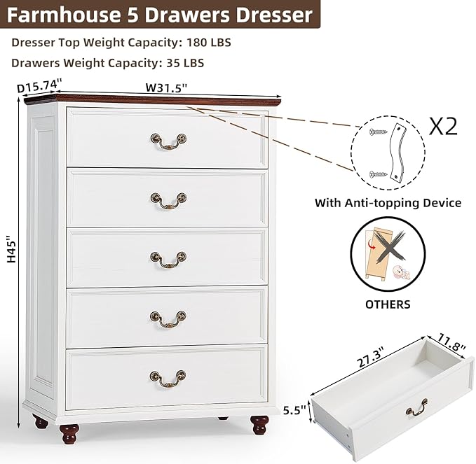 Farmhouse 5 Drawer Dresser Set of 2 for Bedroom, 45" Tall Rustic Chests of Drawers w/ 4 Solid Wood Feet, Mid Century Vintage Wooden Closet Storage Dressers Organizer for Living Room, White