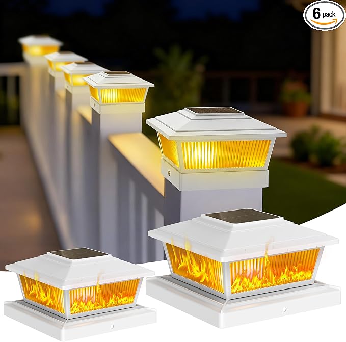 KEILAIMO Solar Post Cap Lights Outdoor for 4x4 5x5 6x6 Wood/Vinyl Posts, 6 Pack Fence Post Solar Lights with Flickering Flame & Warm Modes for Deck/Garden/Patio, IP65 Waterproof - White