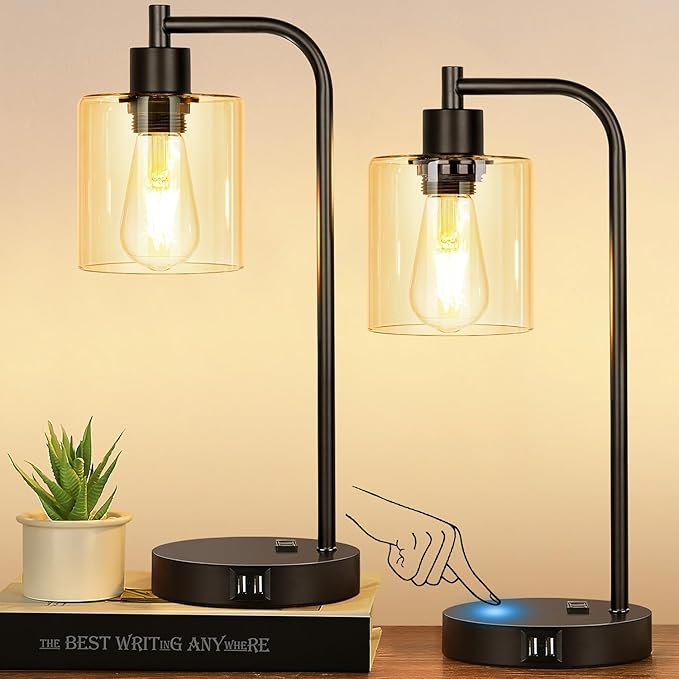 Set of 2 Industrial Touch Control Table Lamps with 2 USB Ports and AC Outlet - 3-Way Dimmable Black Bedside Lamp Nightstand Desk Lamps for Bedroom Living Room, Amber Glass Shade & 2 LED Bulbs Included
