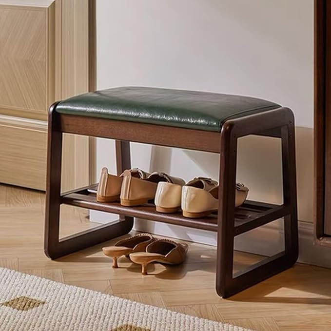 Solid Wood Shoe Bench, 2-Tier Wooden Storage Entryway Bench, Small Storage Bench Entryway Bench, Mid-Century Modern Bedside Bench with Faux Leather Cushion for Dining Room Living Room, Walnut 21.65''
