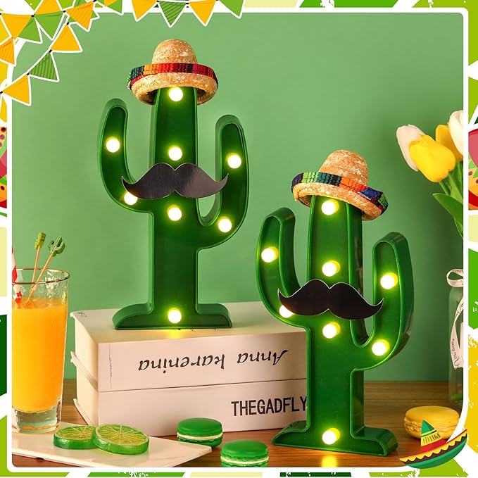 Fiesta Mexican Party Decoration LED Cactus Light with Mini Sombrero Straw Hats and Fake Beard Cinco De Mayo May 5th Table Decor Mexican Party Supplies for Fiesta Taco Table Room Bedroom Decor(12 Pcs)