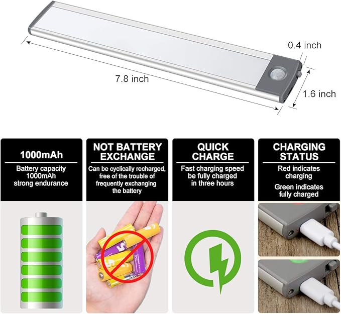 LED Motion Sensor Cabinet Under Counter Closet Lighting, Wireless USB Rechargeable Kitchen Night Lights,30-LED Battery Powered Operated Light,Uniform Light for Wardrobe,Closets,Cabinet,Cupboard