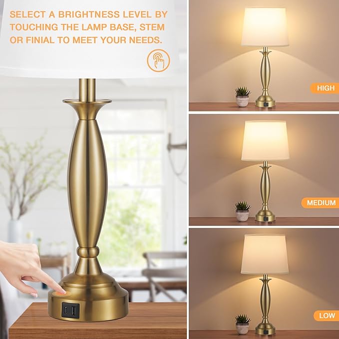 White Gold Lamps for Bedrooms Set of 2 - Touch Control Bedside Lamp with USB C+A, 3 Way Dimmable Nightstand Lamps with USB Port, Table Lamp for Living Room(White Shade and Gold Base)