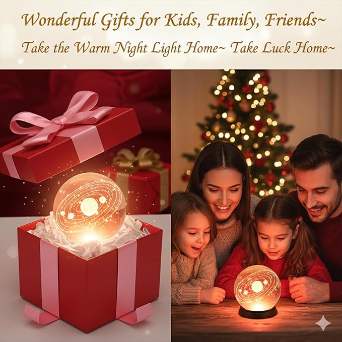 3D Galaxy Crystal Ball Night Light 60mm, 7 Color LED Glass Sphere Lamp with Wooden Base, Crystal Globe Orb Bedroom Decor, Unique Space Gift for Teen Boys Girls(Heart Cloud)