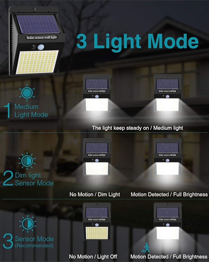 16 Pack Solar Lights Outdoor, 3 Modes/100LED Wireless IP65 Waterproof Solar Motion Lights Outdoor for Front Door, Backyard, Garage, Deck