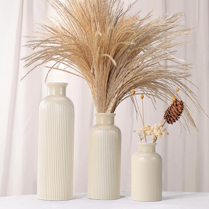 Small Beige Ceramic Vase Set of 3, Boho Modern Beige Flower Vase Room Decor, Farmhouse Decor, Vases for Your Kitchen, Bathroom, Bedroom, Living Room, Office&Shelf Centerpiece Table Decorations