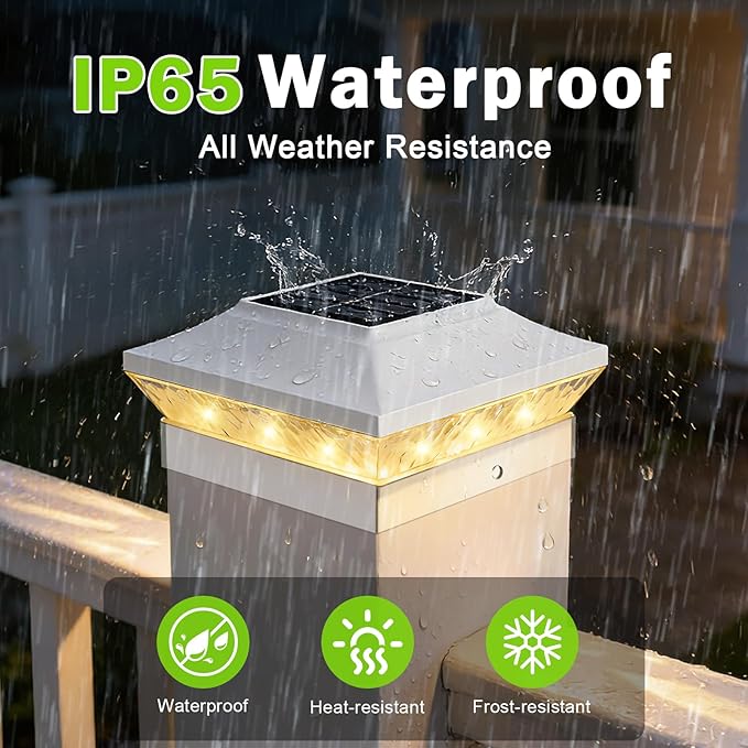 Brightever 3.5x3.5 4x4 Solar Post Cap Lights Outdoor, 6-Pack Solar Fence Post Lights for Wooden/Vinyl Posts, 2 Modes (Warm/Cool White), Solar Powered Waterproof Deck Post Lights for Patio Porch, White