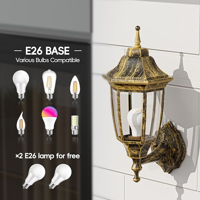 EMART Outdoor Front Porch Light, Exterior Anti-Corrosion, Waterproof Aluminum & Glass Shades Wall Lamp Fixture, Modern Sconce Lantern for Outside, House, Garage - 2 Pack, Gold （Bulb Included）