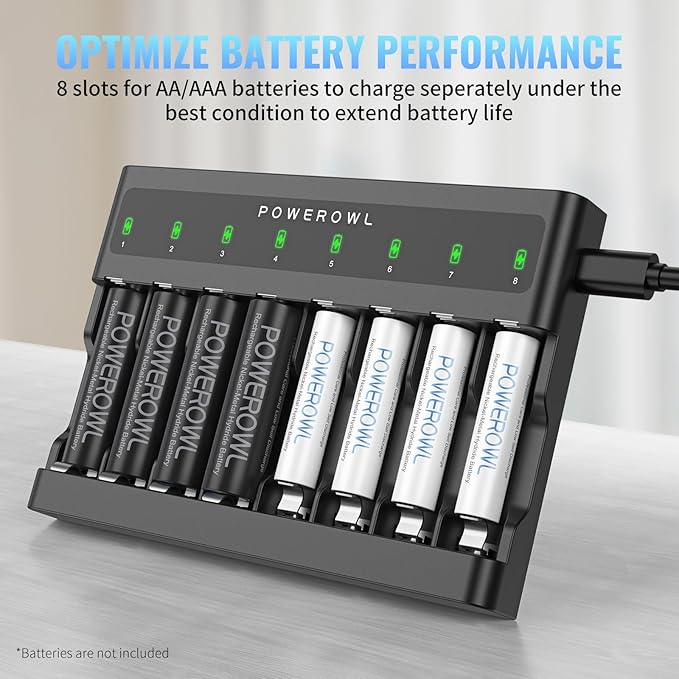 POWEROWL AA AAA Battery Charger 8 Bay, Independent Slot, USB Fast Charging for Ni-MH Ni-CD Rechargeable Batteries