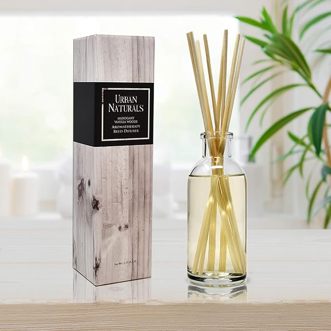 Urban Naturals Mahogany Vanilla Woods Reed Diffuser Set – Made with Essential Oils & Real Botanicals – Decorative Air Freshener and Beautiful Home Décor – Made in The USA