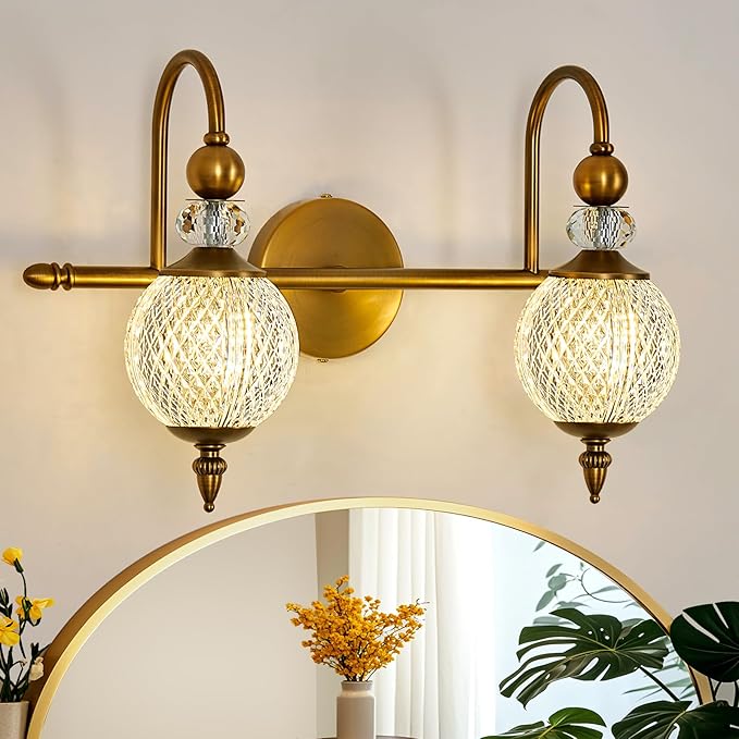 Vintage Vanity Light 2 Lights Gold Bathroom Light Fixtures Over Mirror with Acrylic Globe Shade