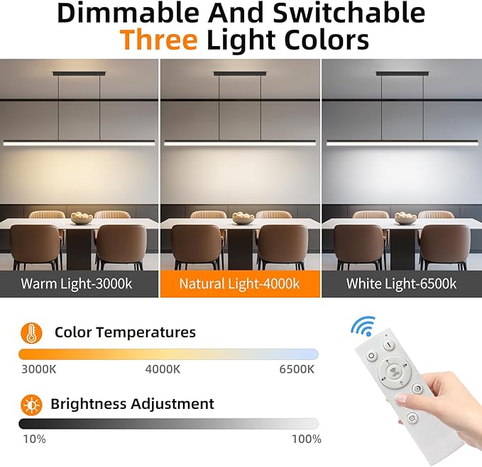Modern Linear Pendant Light, 47IN Modern Chandelier with Remote Control 3000k-6500K Adjustable Color Temperature, Aluminum Island Lighting Lamp for Dining Room, Living Room