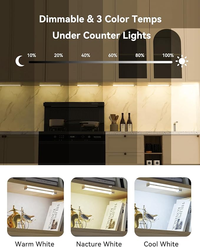 6-Pack Under Cabinet Lighting with Charging Station 12 in Rechargeable Motion Sensor Light Indoor, 3 Color Dimmable Closet Light Battery Operated, USB Stick on LED Magnetic Lights for Kitchen