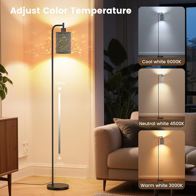 Floor Lamp with Linen Shade, Dimmable Tall Standing Lamp with Remote Control & 3 Color Temperatures, Modern Floor Lamps for Living Room Bedroom Office Corner, 9W LED Bulb Included