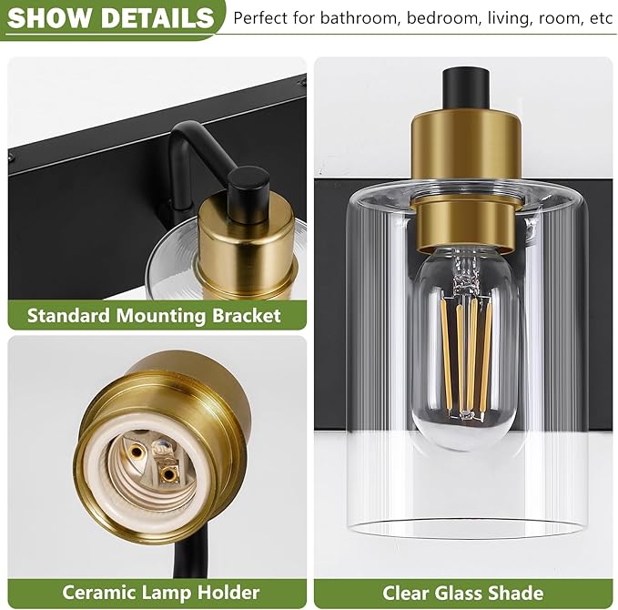 Dpyrrhic Bathroom Light Fixtures, Matte Black and Gold 2-Light Bathroom Lights Over Mirror with Clear Glass Shade,Wall Sconces for Bathroom