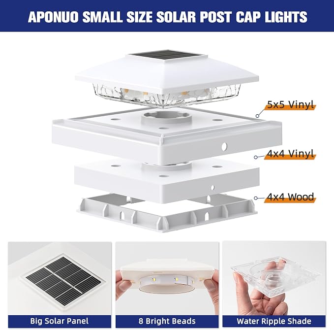 APONUO Solar Post Cap Lights for 4x4 5x5 Posts - IP64 Waterproof, 3000K LED, No-Wire Fence Lights & Deck Lights for Patio Garden Yard Patio, White-Warm White, 16 Pack