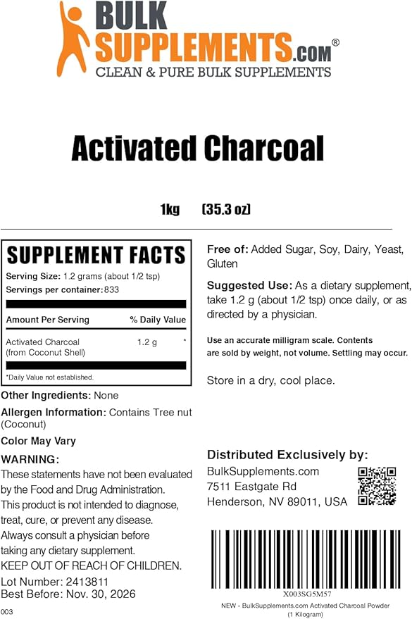 BulkSupplements.com Activated Charcoal Powder - from Coconut Charcoal, for Teeth Whitening - Vegan & Gluten Free, 1.2g per Serving, 1kg (2.2 lbs) (Pack of 1)