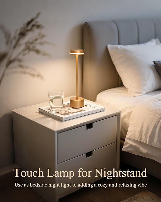 2 Pack LED Cordless Table Lamp Rechargeable, 5000mAh Portable Battery Operated Desk Touch Lamp, 3 Color Dimmable Table Light for Home Office/Dining/Nightstand for Home Décor – Champagne Gold