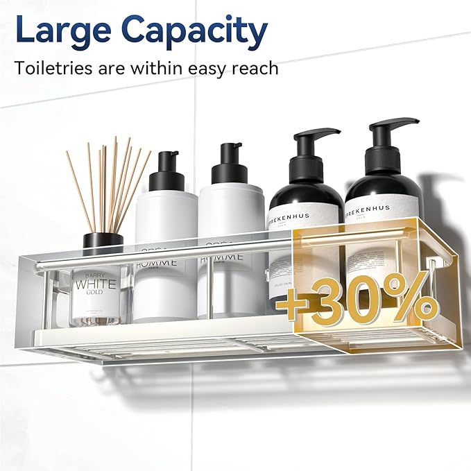 YASONIC Shower Caddy Adhesive, No Drill Bathroom Shower Organizers, with Removable Hooks, Rust Proof Shower Shelves, Wall-Mounted Shower Holder, 2 Pack Silver