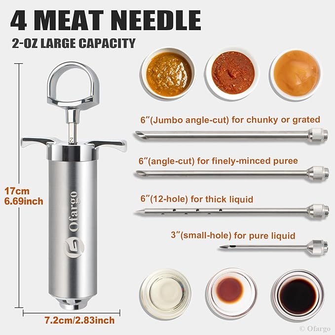Ofargo Stainless Steel Meat Injector Syringe Kit with 4 Marinade Needles for BBQ Grill Smoker, Gifts for Men Dad Husband in Thanksgiving Christmas Day, 2-oz Large Capacity, Both Paper User Manual and E-Book Recipe