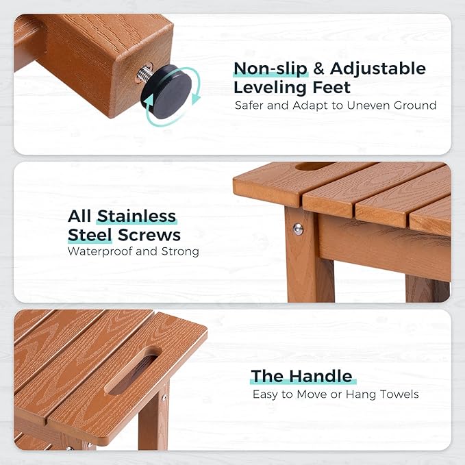 30" Shower Bench, Waterproof Poly Lumber Shower Stool for Shaving Legs, Shower Chair Seat Holds up to 400lbs, Bathroom Bench for Inside Shower, Non-Slip (Brown)