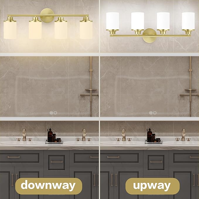 Modern 4-Light Vanity Light Fixtures with Frosted Glass, Brushed Gold Bathroom Sconces Over Mirror