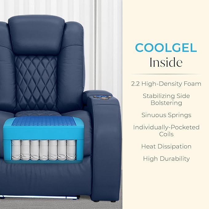Seatcraft Diamante Zero-Gravity CoolZero Italian Leather Home Theater Seating, Power Headrest, Power Recline, Row of 3 Right Loveseat, Navy Blue