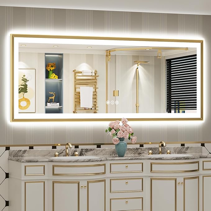 84x32 Gold Beveled LED Bathroom Mirror with Lights, Brushed Gold Framed Backlit and Front Lit Anti-Fog Lighted Vanity Mirrors for Bathroom Wall, Dimmable, 3 Colors, Memory, HD Tempered Glass