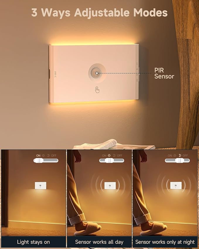 Yiliaw 3-Pack Rechargeable Motion Sensor Stair Lights White, Dimmable Night Lights with 3 Modes & 3 Color Temperatures, Magnetic, Stick-On Stair Lights Indoor for Hallway, Stairway, Bathroom, Kitchen