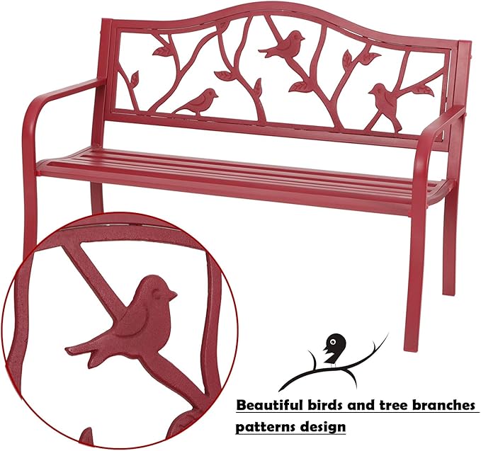 MFSTUDIO 50" Outdoor Red Garden Bench, Steel Metal Frame Patio Park Bench with Bird Pattern Backrest for Porch Backyard Lawn
