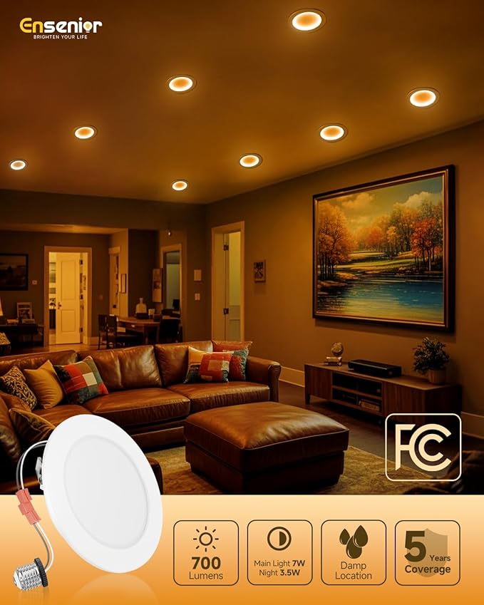 Ensenior 6 Pack 4 Inch 5CCT LED Can Lights with Night Light, Retrofit Led Recessed Lighting, Dimmable, 7W 120V, 700LM, IC Rated - FCC