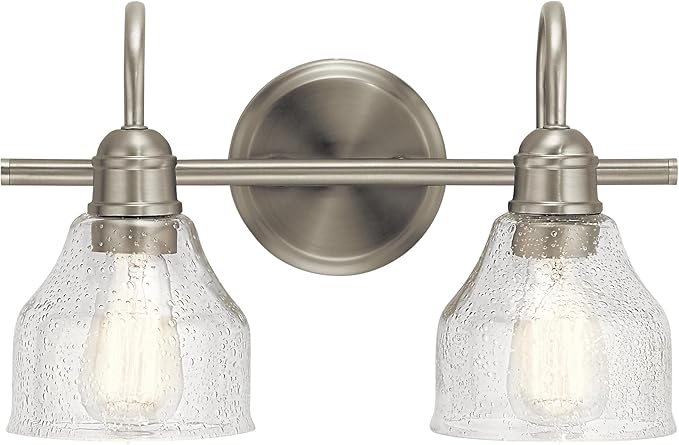 Kichler Avery 14.75" Vanity Bath Light In Brushed Nickel, Vintage 2-Light Bathroom Wall Mount Fixture with Clear Seeded Glass, (14.75" W x 9.25" H), 45972NI