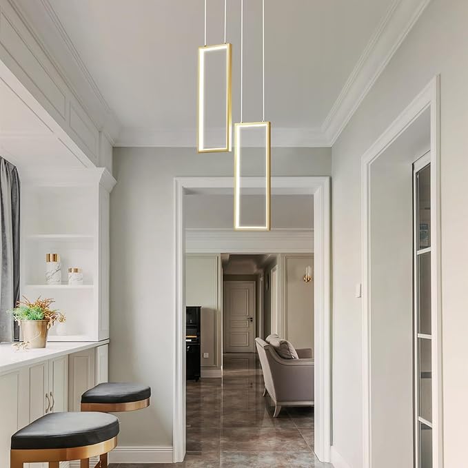 Modern Kitchen Pendant Light Fixture Gold 18W LED Pendant Light 2 Rings Rectangle Chandelier Pendant Lighting for Kitchen Island Living Room Dining Room Bedroom