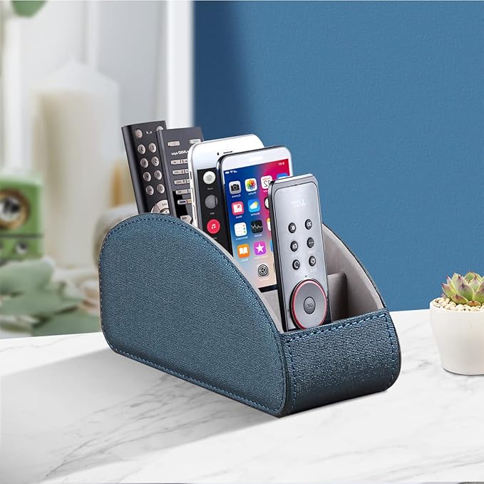 Remote Control Holder, Leather 5 Rooms Desk Organizer and Decorations for Living Room, Bedside Table Remotes Caddy for TV Controllers/ Makeup Brush Pen/ Office Stationery/ Art Supplies/ Eyeglasses