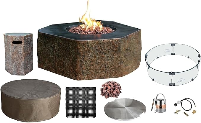 Elementi | Bundle Columbia Gas Fire Pit Cast Concrete Semi-Round Fire Table, Outdoor Fire Pit Electronic Ignition | Canvas Cover, Lava Rock Included | Propane Gas