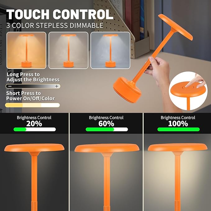 Cordless Portable LED Table Lamp, Rechargeable Battery Operated Desk Lamp with Touch Sensor Three-Level Dimmable Suitable for Home Office Bedroom Hotel Room Restaurant Outdoor