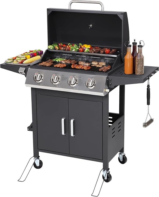 4-Burner Propane BBQ Grill, Stainless Steel Outdoor Gas Grill with 40,000 BTU, Porcelain-Coated Grates and Foldable Side Shelves, Perfect for Patio & Backyard Cooking