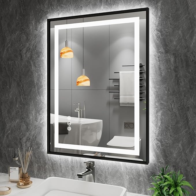 Amorho 24"x 32" LED Bathroom Mirror with Black Frame, Front Light and Backlit, Stepless Dimmable, Anti-Fog, Shatter-Proof, Memory, 3 Colors, Double LED Vanity Mirror