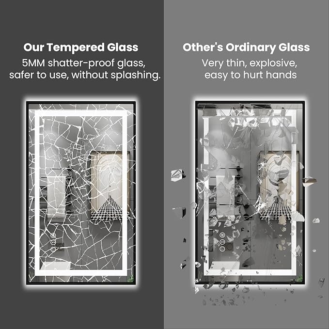 Amorho 44"X36" LED Bathroom Mirror with Black Frame, Front Light and Backlit, Stepless Dimmable, Anti-Fog, Shatter-Proof, Memory, 3 Colors, Double LED Vanity Mirror