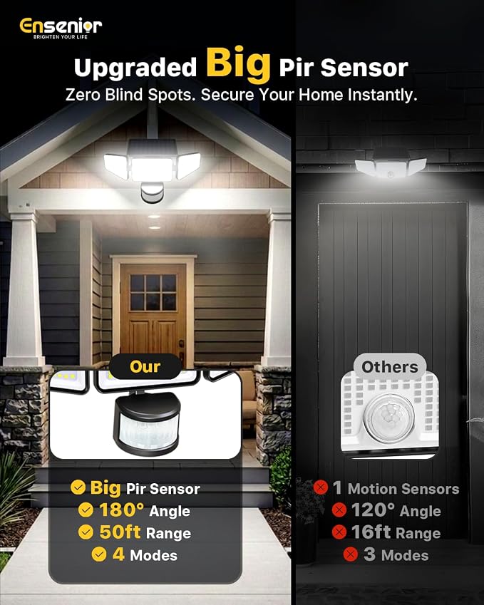 Ensenior Solar Motion Lights Outdoor, 228 LED 3000LM High Brightness Security Lights with Remote Control, IP65 Waterproof 3 Heads Flood Light 4 Modes, 270° Wide Angle Motion Sensor Light, 2 Packs