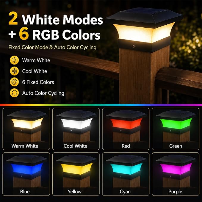 T-SUN 4X4 Post Solar Lights, Outdoor Waterproof RGB Color Changing Light for 4X4 5X5 6X6 Wood/Vinyl/Fence Posts, Deck, Solar Post Lights for Patio Garden Decor or Fence(6 Pack)