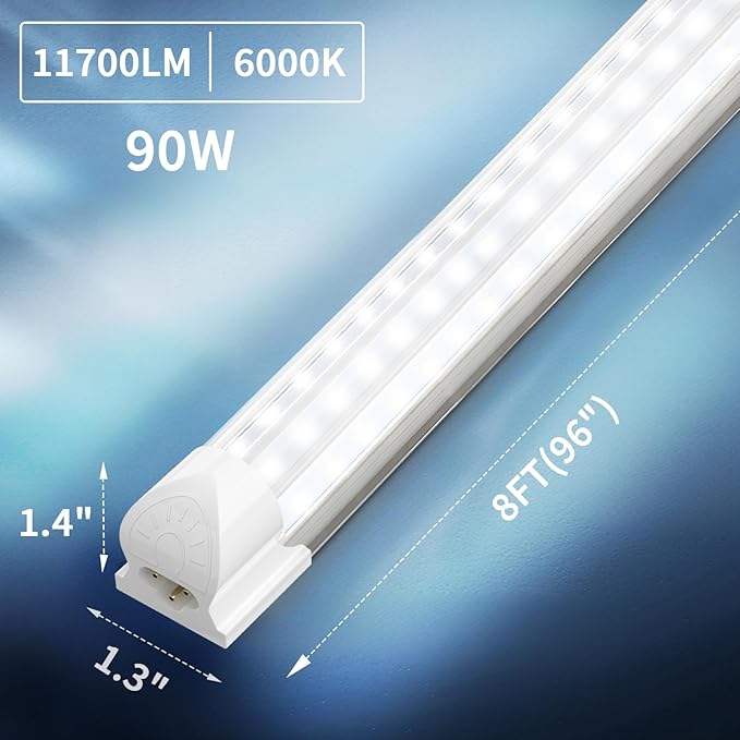 SHOPLED 8FT LED Shop Light, 90W 11700LM 6000K Cool White, Super Bright 300° D-Shape, Linkable T8 Tube Light Fixtures, 4 Pack 8 Foot LED Lights for Garage, Warehouse, Workshop