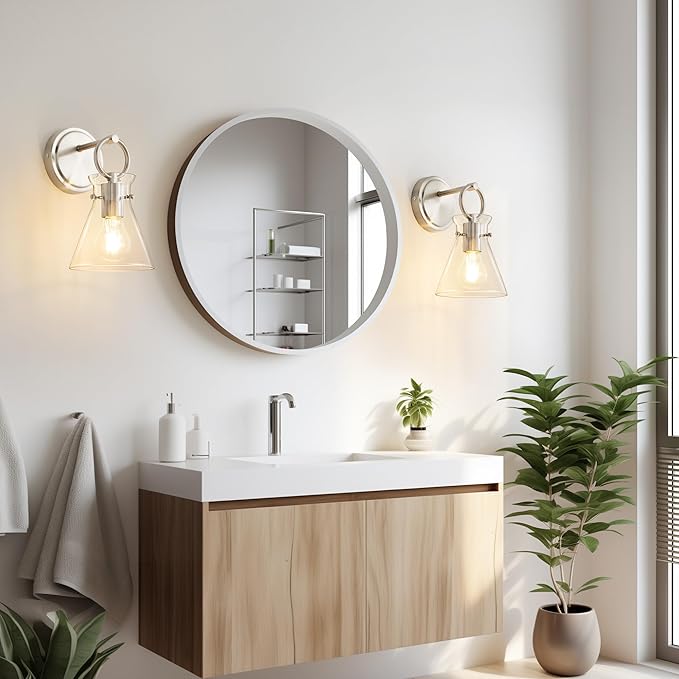 Wall Sconce for Bathroom Modern Vanity Light Fixtures Hardwired Wall Mount Lighting Lamp Farmhouse Wall Lights with 6" Clear Glass Shade for Bedroom Living Room, Brushed Nickel, 1 Pack