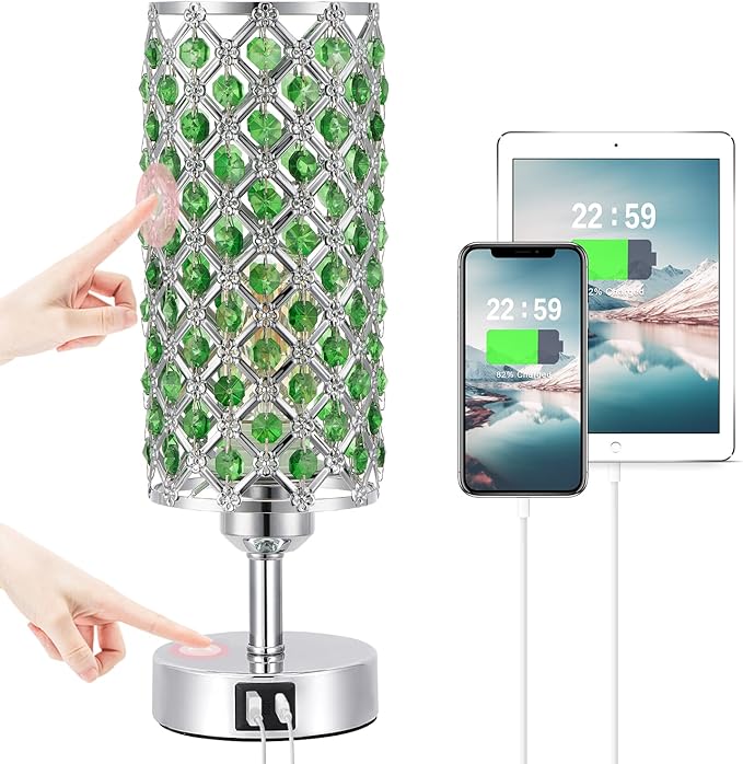 Hong-in Green Crystal Table Lamp - 3-Way Dimmable Touch Control, Bedside Lamp with USB C and A Ports, Nightstand Light for Living Room, Bedroom, Home Office (Bulb Included)