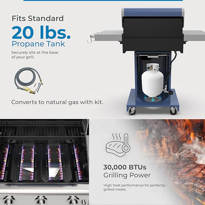 Kenmore 3-Burner Propane BBQ Grill, 30,000 BTUs Gas Grill with Cast Iron Cooking Grates, Folding Side Tables & Wheels, Outdoor Grill with Tool Hooks, Azure Blue + Bonus Cover